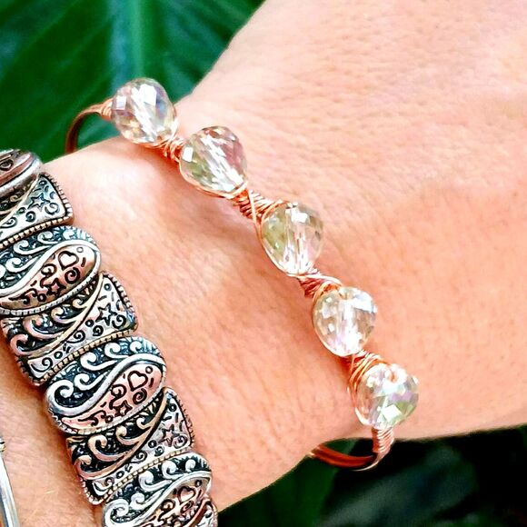 Multifaceted Glass Beaded Copper Bangle Wire Wrapped 7 - Picture 1 of 6